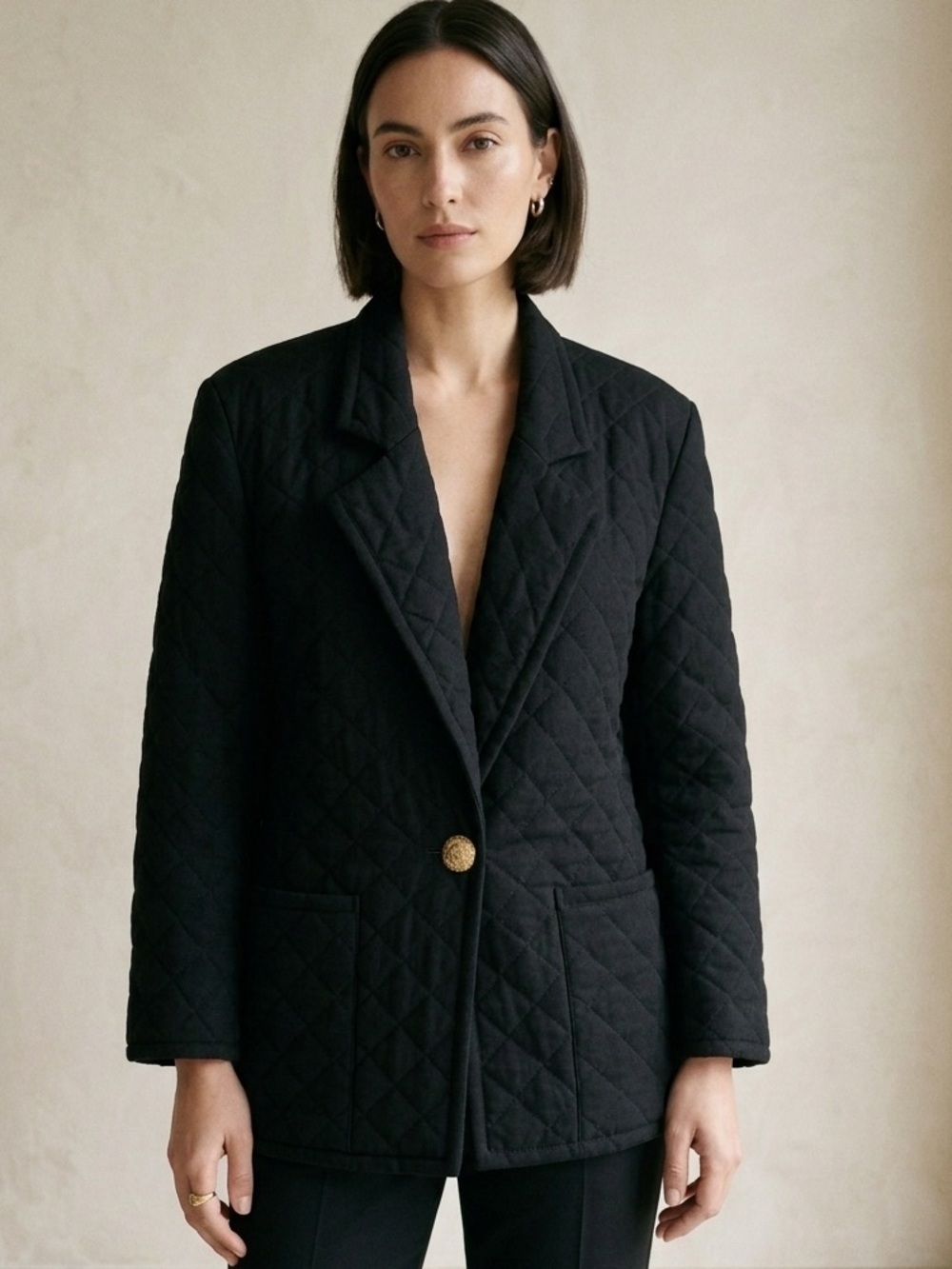 Vintage 80s Black Wool Quilted Blazer Jacket with Gold Buttons Size 6
